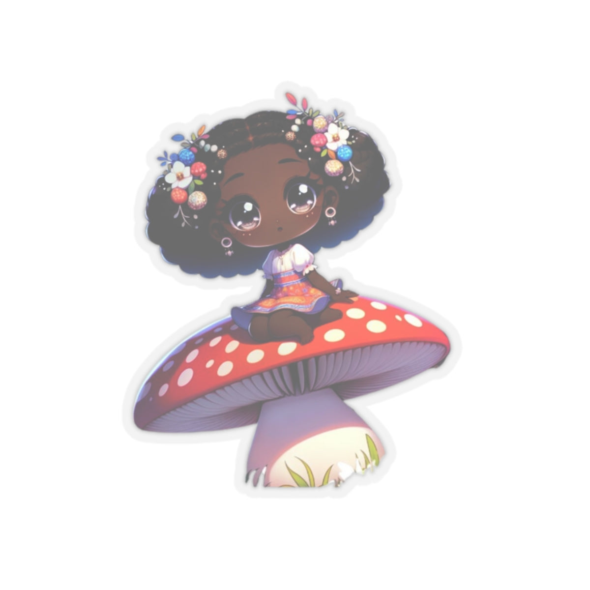 African American girl with large eyes on a mushroom sticker