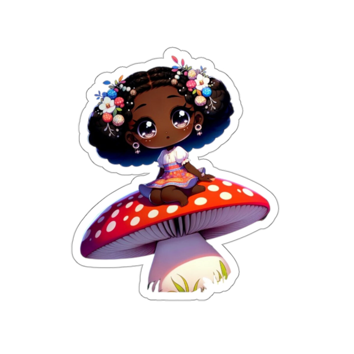 African American girl with large eyes on a mushroom sticker