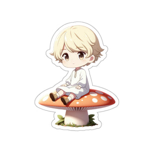 Little Blonde Hair boy sitting on a mushroom