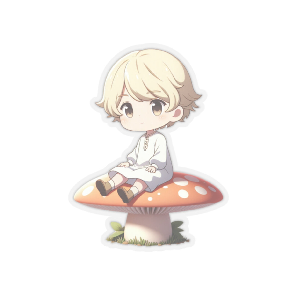 Little Blonde Hair boy sitting on a mushroom